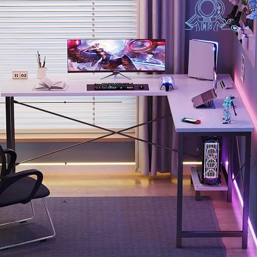 NEWBULIG 49.9 inch L Shaped Desk, Corner Computer Gaming Desk for Small Spaces, Small Desks for Bedroom with Reversible CPU Stand, Home Office Writing Table Bright White thumbnail 4
