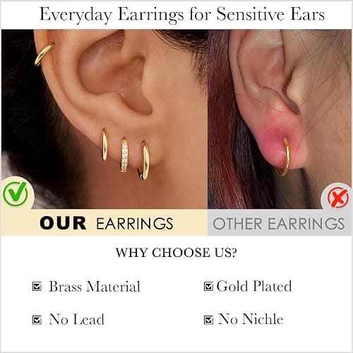 Small Gold Huggie Hoop Earrings Set for Women Men Hypoallergenic 14K Plated Stack Cartilage Earrings, Multiple Piercing Lightweight Mini Thin Cute Dainty Trendy Jewelry Set Gifts for Women thumbnail 6