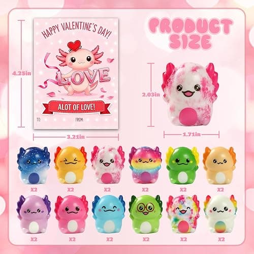 24 PCS Valentines Day Gift Cards with Axolotl Squishy Toys,Valentine's Axolotl Slow Rising Stress Relief Squishies Fidget Toys Bulk for Kids School Classroom Exchange Prizes,Valentine's Party Favor thumbnail 3