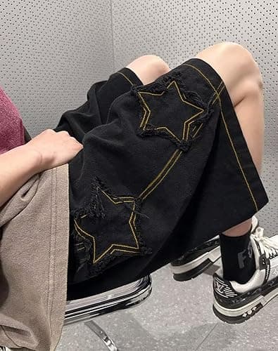 Sunidol Women's Y2K Star Denim Shorts Elastic Waist Summer Casual Loose Straight Baggy Jeans Shorts Jorts with Pockets thumbnail 4