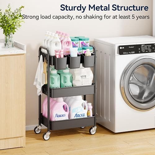 YASONIC 3 Tier Rolling Cart - Metal Utility Cart with Wheels, Hanging Cups, Hooks, Heavy Duty Mesh Rolling Storage Cart Organizer, Craft Cart for Kitchen Office, Lightweight and Sturdy thumbnail 5