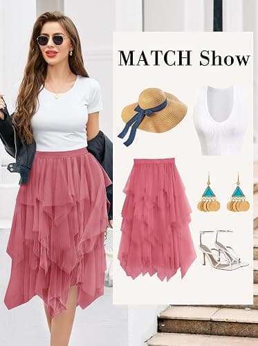 Wikoan Gonna in Ulle da Donna Elegante Abito Asimmetrico a Tre Strati in Tulle Trasparente con Fodera,Gonna a Rete da Principessa S-XXL thumbnail 2