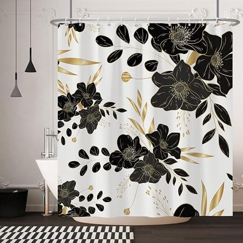Yanutan Black Flower Shower Curtain, Black Dark Floral Gold Leaves Shower Curtain Set for Bathroom, Natural Plants Fabric Bath Curtain with Hooks, 72x72in - Image 1