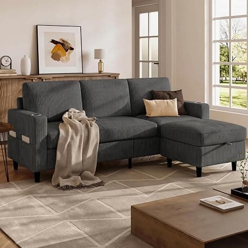 POYISOU Convertible Sectional Couches for Living Room, 3 Seats L Shaped Sofa with Storage Ottoman and 2 Cup Holders, Modern Corduroy Couch Small Sofas for Small Space Apartment Office, Dark Grey thumbnail 6