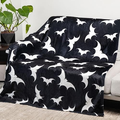 Gothic Bat Pattern Throw Blanket - Soft Flannel, Spooky Home Decor for Couch & Bed (50" x 60"). thumbnail 3
