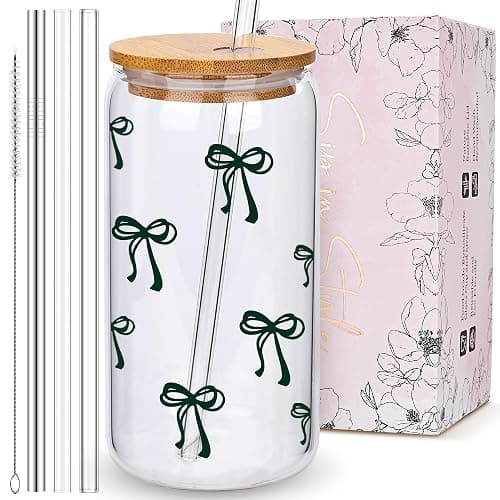 BIPEDS Cute Black Bow Glass Cup with Lid and Straws, Iced Coffee Smoothie Matcha Cup Tumbler, Birthday Gifts for Women Coffee Lover Teenage 13 14 15 16 17 18 19 years old Teen Girl Gifts Trendy Stuff - Image 1