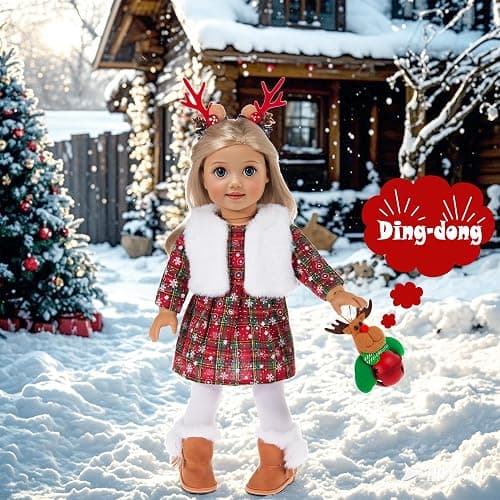 ebuddy 18 inch Doll Clothes and Accessories- Christmas Costume Playset Including Dress,Fur Vest, Tights, Boots, Hair Clips,Bell and Sticker (No Doll) thumbnail 6