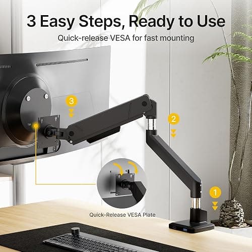 monTEK Single Monitor Arm for Max 45 Inch Ultrawide Screens Adjustable Monitor Desk Mount Holds 35 Lbs Cable Management with Clamp/Grommet Desk Mount, VESA 75/100mm thumbnail 4