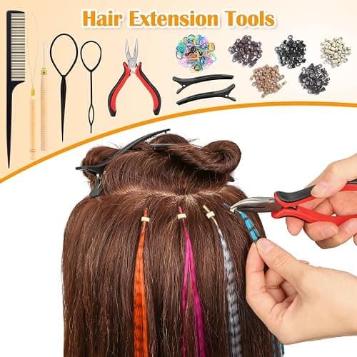 65 Pcs Hair Feathers with Hair Extension Tools, 13 Colors Long Straight Synthetic Hair Feather Extensions Kit with Microlink Beads for Women Girls Kids Daily Parties Festival thumbnail 3