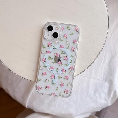 QLTYPRI Magnetic for iPhone 13/14 Case Compatible with Magsafe, Cute Floral Flower Aesthetic Phone Case Slim Clear Anti-Yellowing Shockproof Phone Cover for Girls Women - Pink White thumbnail 3