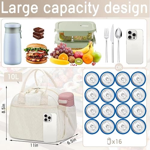 Carry bloom Lunch Box for Women, Insulated Lunch Bag Cute Corduroy Lunchbag | Reusable Lunchbox for Work (1 brown white stripes) thumbnail 3