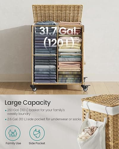 SONGMICS Laundry Hamper with Lid, 31.7 Gallons (120 L), Rolling Laundry Basket with Wheels, Synthetic Rattan, Removable Liner, Bedroom, 18.1 x 15.7 x 26 Inches, Natural Color ULCB161Y01 thumbnail 5
