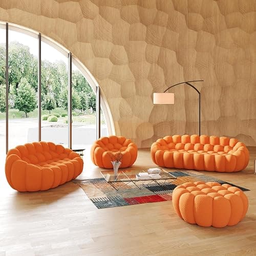 JACH Bubble Sofa Curved Couch Set, Comfy Upholstered Sofa, Mesh Fabric 3D Honeycomb Shape Modern Couches for Living Room, Apartment (Orange, 1 Seater, 2 Seater, 3 Seater, Ottoman) - 1+2+3 Seater & Ottoman - Orange thumbnail 6