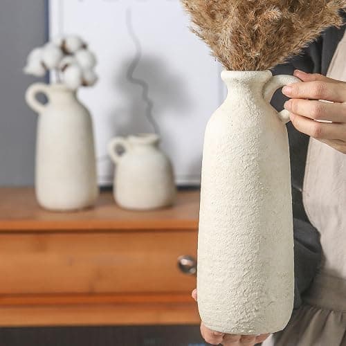 Ceramic Vase Set of 3 with Handle, Neutral Rustic Vases Home Decor Farmhouse Decorative Vase Whitewashed Pottery Decor Modern for Table Mantel Entryway Bookshelf Living Room Kitchen Bedroom - White thumbnail 3