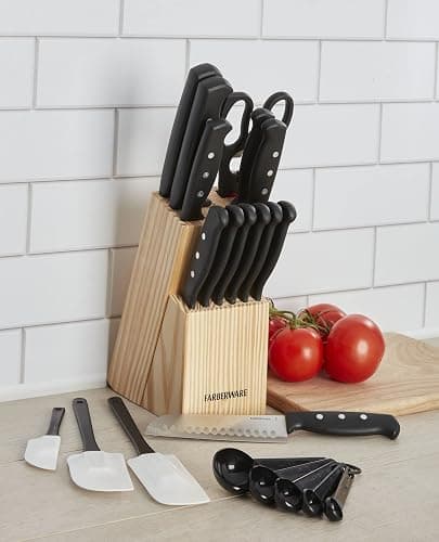 Farberware Knife Block Set 22-Piece Kitchen Knife Set with High-Carbon Stainless Steel Blades, Non-Slip Handles, Chef Knife, Santoku, Steak Knives, Scissors, Sharpening Steel, and Storage Block thumbnail 6