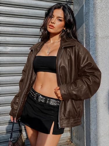 AUTOMET Women's Oversized Faux Leather Jacket Boyfriend Biker Moto Coat Lightweight Fall Bomber Outerwear thumbnail 2