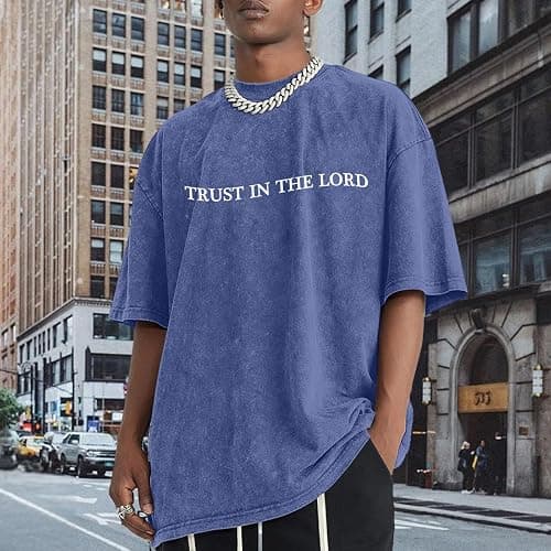 Wrenpies Mens Oversized Christian Shirts God Faith Jesus Religious Tshirts Trust in The Lord Bible Verse Tees Acid Wash Tops thumbnail 2