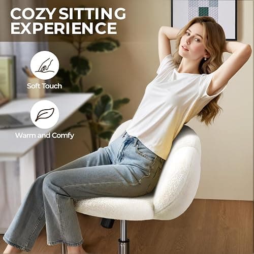 Yaheetech Boucle Upholstered Desk Makeup Vanity Chair with Wheels Swivel Cloud-shaped Accent Chair with Adjustable Height for Home Office Living Room, Bedroom Women White thumbnail 7