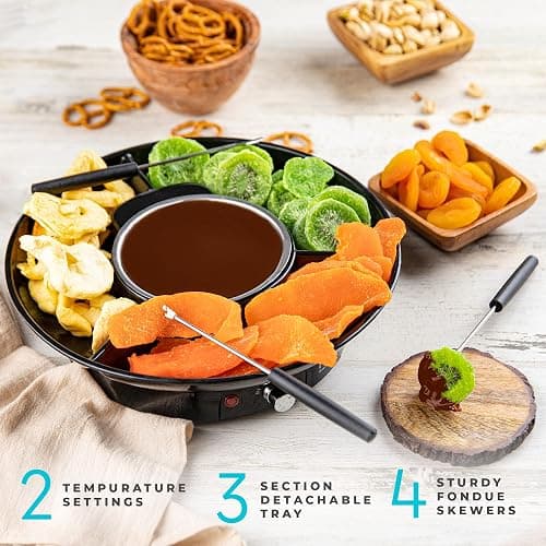 Kusini Electric Fondue Pot Set - Chocolate Fondue Kit - Temperature Control, Detachable Serving Trays, & 4 Roasting Forks - Gift Set & Date Night Idea. Serve at Movie Night or Game Night. thumbnail 4