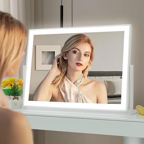 Acoolda Vanity Mirror with Lights, Large Makeup Mirror with Lights, LED Lighted Makeup Mirror with 3 Color Light Modes, Smart Touch Tabletop Mirror for Makeup Desk 360° Rotation 22.8" x 18" White thumbnail 5
