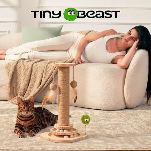 TINYBEAST Wooden Cat Scratching Post fot Kittens, 4 in 1 Cat Scratcher Toy with Cat Ball Tracks, 18" Tall Sisal Scratch Post for Indoor Kittens, Interactive Feather Toy and 2 Sisal Hanging Balls thumbnail 4