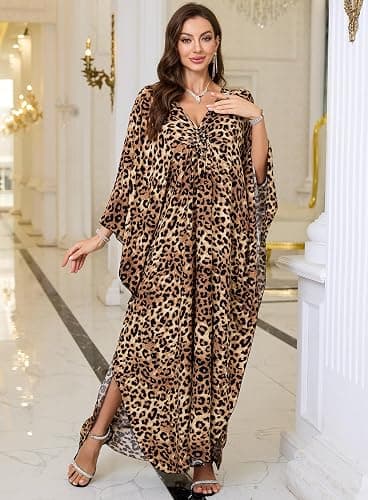 Yanziliu Women Kaftan Dresses Plus Size V-Neck Batwing Sleeves Beach Cover Up 2025 Summer Floral Print Caftan Dress thumbnail 6
