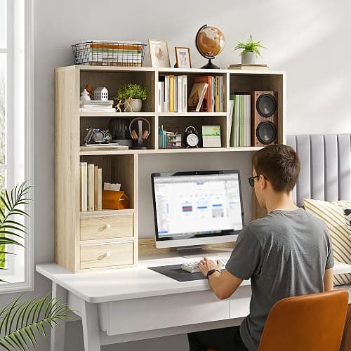 REIBII Desktop Bookshelf, High-Capacity Desk Hutch Organizer with 7 Shelves and 2 Drawers, Adjustable Bookshelf Storage, Desk Shelf for Top of Desk, Desk Hutch Dorm, Natural thumbnail 5