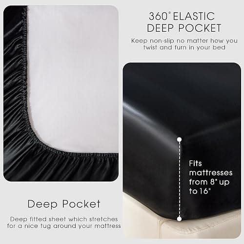 FreshCulture Satin Sheets Twin XL Bed Set - 3 Piece Luxury Soft Silky Bed Sheets, Similar to Silk Sheet Set with 1 Deep Pocket Fitted Sheet, 1 Flat Sheet & 1 Pillowcase (Black) thumbnail 4