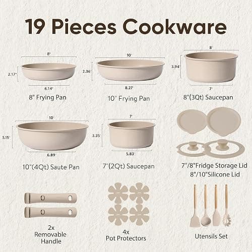 CAROTE 19pcs Pots and Pans Set Non Stick, Nonstick Cookware Set Detachable Handle, Induction Kitchen Cooking Sets with Removable Handle, RV Kitchen, Oven Safe, Taupe thumbnail 3