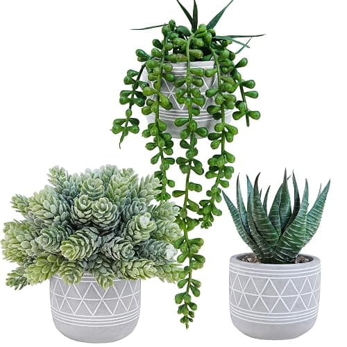 Winlyn Set of 3 Mini Faux Succulent Potted Plants Artificial Aloe Hops String of Pearls Fake Succulents in Gray Geometric Concrete Pots for Home Office Table Shelf Kitchen Living Room Boho Décor - Image 1