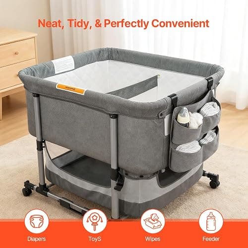 cutebeams Twin Bassinet with 2 Waterproof Sheets & Hanging Diaper Organizer | Bedside Double Bassinet for Twins, Rocking Bassinet for Baby with Storage Basket, Includes Mattress thumbnail 5