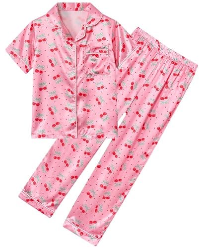 Fanient Girls Silk Pyjamas Set Colorful Printed Sleepwear Button-Down Pjs Short Sleeve Satin Nightwear for Girl 7-14 Years - Image 1