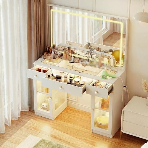 Pamapic Makeup Vanity Desk with Mirror and Lights, LED Light Strip Vanity with Glass Top, Crystal Knobs and Translucent Cabinet Doors, 3 Lighting Modes White Vanity with 3 Drawers - Image 1