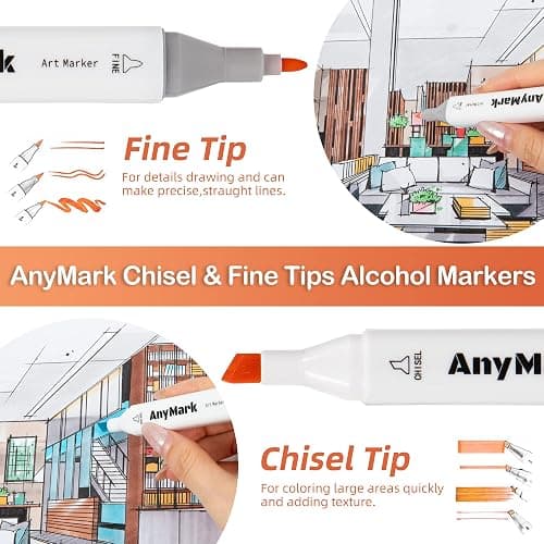 AnyMark Alcohol Markers, 120 Colors Dual Tip Art Coloring Markers Set for Kids Adult Book Drawing Sketching Painting, Chisel & Fine, White Penholder thumbnail 5