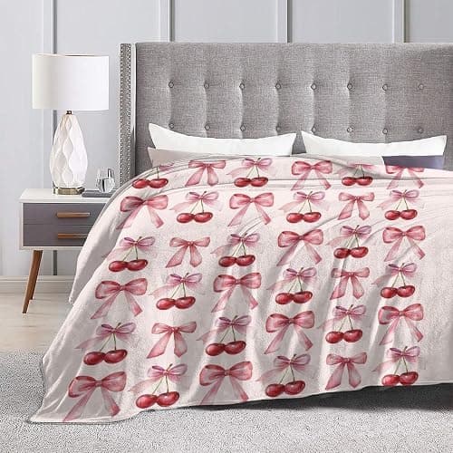 Pink Bow Cherry Coquette Throw Blanket Preppy Cute Aesthetic Flannel Blanket 40"X30" Soft Cozy Warm Bed Blanket for Home Decor Dorm Living Room Bedroom Bed Sofa Travel Camping,Women Girls Gifts thumbnail 6