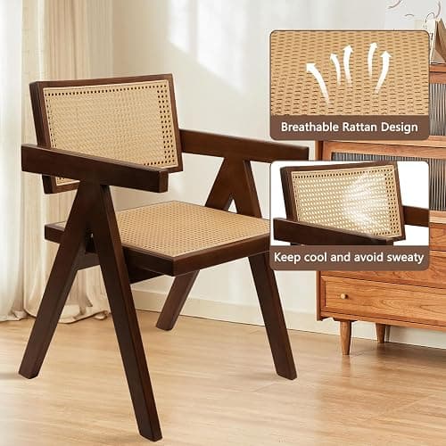 CLATINA Rattan Reading Chair for Bedroom Comfy Indoor Kitchen Dining Chair with Rattan Backrest Armrest Morden Upholstered Seat Wood Chair for Home Living Room Farmhouse Restaurant(1PK) - 1PK - Light Beige thumbnail 4