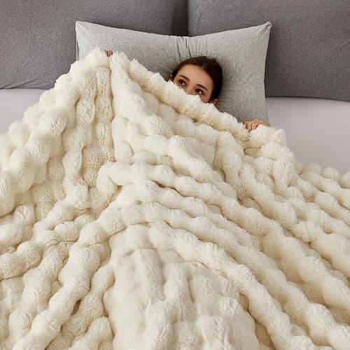 COOVA Faux Fur Throw Blanket for Couch, Cozy Soft and Fuzzy Plush Rabbit Fur Bubble Blanket for Sofa Bedroom Living Room, 50x60 Inches Ivory White thumbnail 4