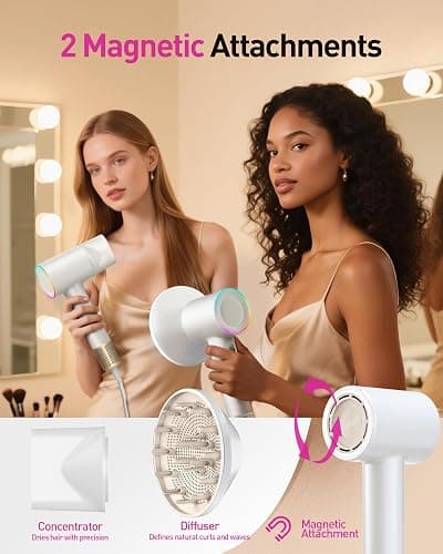 Zibtes High-Speed Hair Dryer with Diffuser, Ionic Blow Dryer (White) | 160000 RPM Fast Drying, 500M Ions Eliminate Frizz & Damage, Boost Shine, 2 Magnetic Attachments for All Hair Types, Low-Noise thumbnail 5