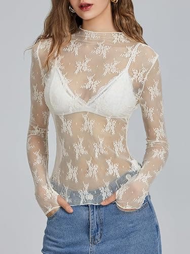 KMBANGI Women's Mesh Lace Long Sleeve Top Mock Neck Sheer Layering Tops thumbnail 2