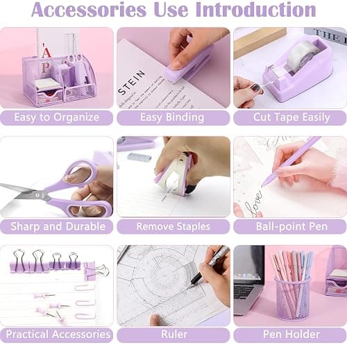 Purple Office Desk Accessories Supplies, 12pcs Desk Organizers and Accessories with Tape dispenser and Stapler,Staples,Staple Remover,Pen Holder,Scissor,Ruler,Sticky Tabs,Tape,Ballpoint Pen,Clips Set thumbnail 6