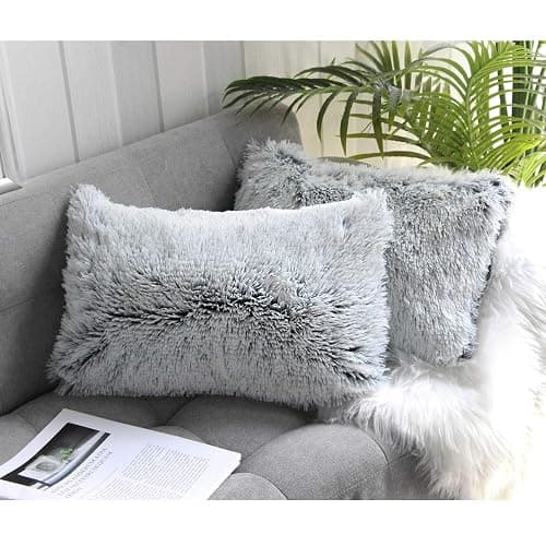Uhomy 2 Packs Fluffy Accent Pillows Cover 20"x12", Soft Gray Ombre Faux Fur Throw Pillow Case, Modern Luxury Decorative Square Cushion Cover for Farmhouse Home Decor for Sofa/Bed/Chair, 50x30cm - Image 1
