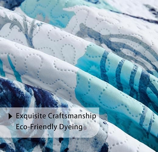 Tritard 3 Piece Coastal Full/Queen Quilt Sets Nautical Reversible Lightweight Bedspread Coverlet with 2 Shams Blue Starfish Conch Beach Microfiber Bedding Quilt Set for All Season, 90''x96'' thumbnail 7