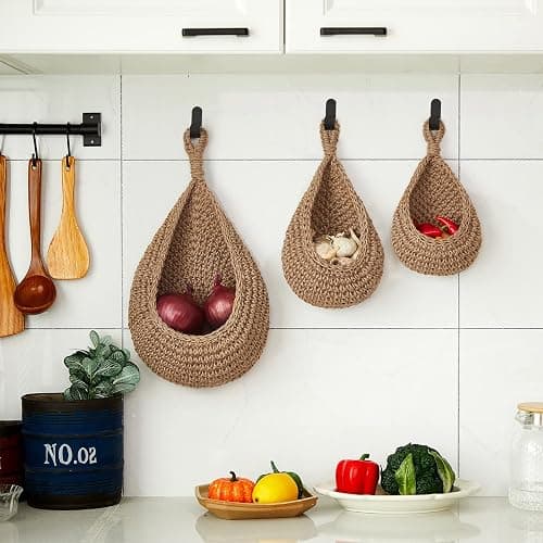 Honeydak Boho Decor Hanging Wall Baskets for Kitchen 3 Pack Teardrop Baskets with Hooks Storage Fruit Onion Vegetable Potato for Home 3 Sizes(Linen,Hemp Rope) thumbnail 6