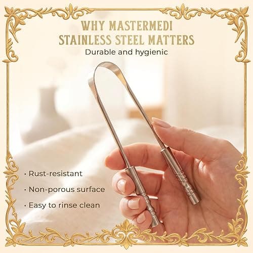 MasterMedi Tongue Scraper for Adults with Multicolor Travel Cases (2 Pack), 100% Stainless Steel, Reduce Bad Breath, Tongue Scrubber, Easy to Use, Tongue Cleaner for Oral Care & Hygiene thumbnail 5