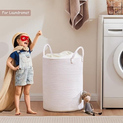 MOJOSCEND 60L Pure White Woven Hamper Laundry Basket Cotton Rope Blanket Basket for Living Room 20 inches Tall Clothes Hamper for Baby Nursery Kids in Bedroom thumbnail 7