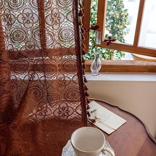 YJ YANJUN Boho Lace Curtains 54 inch Length 2 Panels -Vintage Floral Crochet Sheer Panels with Tassel for Living Room Bedroom Light Filtering Neutral Rustic Fall Winter Drapes Caramel Brown W59 x L54 - Image 1