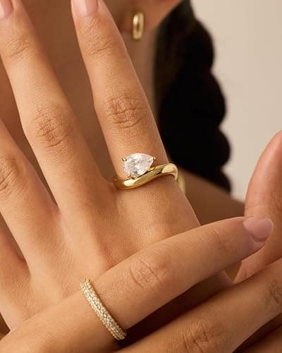 PAVOI 14K Gold Plated Wavy Engagement Ring for Women | Solitaire Cubic Zirconia Wedding Band & Promise Rings for Her | Trendy Fashion Jewelry thumbnail 2
