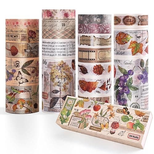 20 Rolls Vintage Washi Tape Set, Floral Letter Butterfly Mushroom Botanical Flower Writable Decorative Tapes for Scrapbooking , Junk Journal Supplies, Bullet Journaling 10-60mm Wide 6.56ft long/Roll thumbnail 2