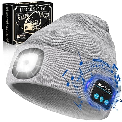 VIBELITE Bluetooth Beanie Hat with Light, USB Rechargeable LED Headlamp with Wireless Headphones, Christmas Gifts Stocking Stuffers for Men, Teen Boys, Him, Husband, Boyfriend, Grey - Image 1