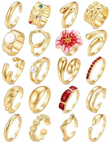 20Pcs Gold Ring Set for Women Chunky Boho Stack Flower Statement Rings Pack | Statement Midi Stackable Rings Set, Chunky Boho Flower Rings, Adjustable Suitable All Occasions, Great Gift for Women - Image 1